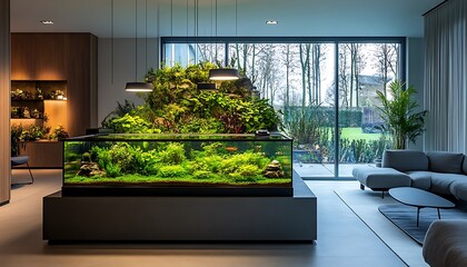 A Living Room Contains An Aquarium And Decorative Plants And A Sofa