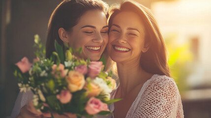 Obraz premium A daughter lovingly surprises her mother with a bouquet of flowers, creating a beautiful and heartfelt Mother's Day moment