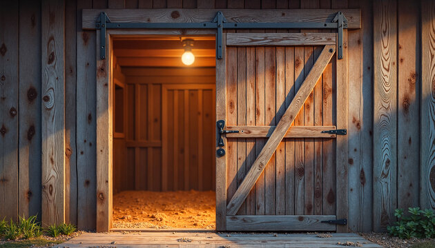 Traditional wooden barn door ajar revealing warm glow inside, symbolizing hard work and dedication of farmers, rustic charm.