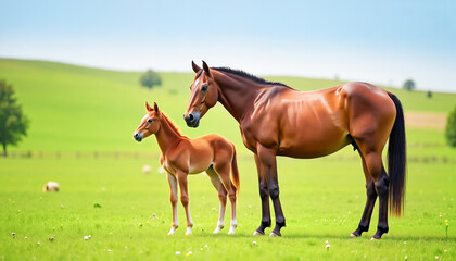 Obraz premium Beautiful foal standing beside its mother in a peaceful green pasture under a bright blue sky, symbolizing high-quality horse breeding.