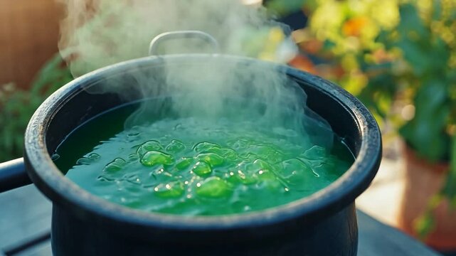 Green potion boils in cauldron, garden backdrop