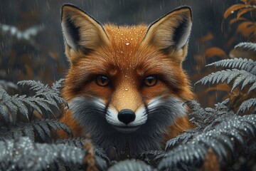 Fototapeta premium A curious fox peering out from behind a cluster of ferns in a forest during early morning mist, with dew drops glistening on the leaves