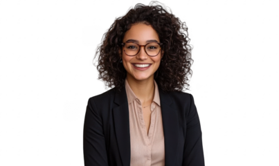 Portrait of a beautiful, smiling businesswoman in a suit, wearing glasses, isolated on transparent background
