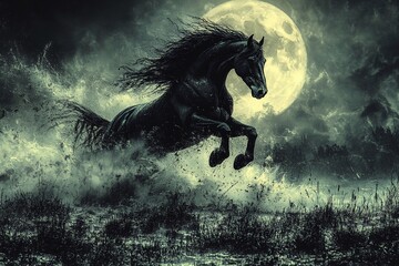 Obraz premium A black stallion rearing up on its hind legs against a full moon, powerful and mystical night scene