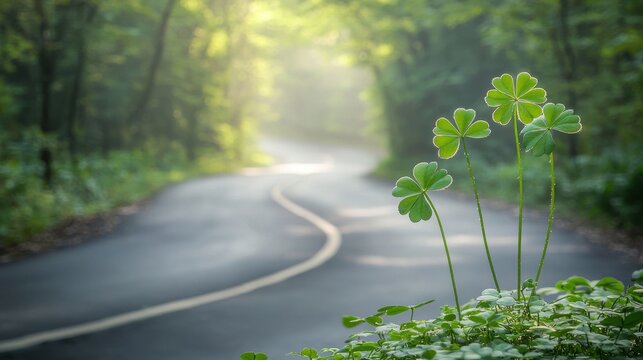 Festive green background featuring three-leaved shamrocks and a lucky Irish four-leaf clover, perfect for St. Patrick's Day holiday symbols and decorations. 