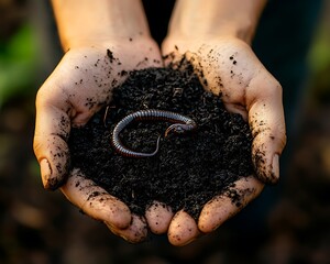 Hands holding soil with worm, nature, organic