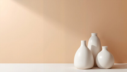 Artistic ceramic vases in varying shapes against a warm gradient backdrop, symbolizing modern branding and elegance in tableware design.