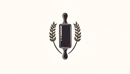 Stylish black-and-gold minimalist illustration of a rolling pin surrounded by wheat stalks against a clean background, symbolizing baking expertise and tradition.