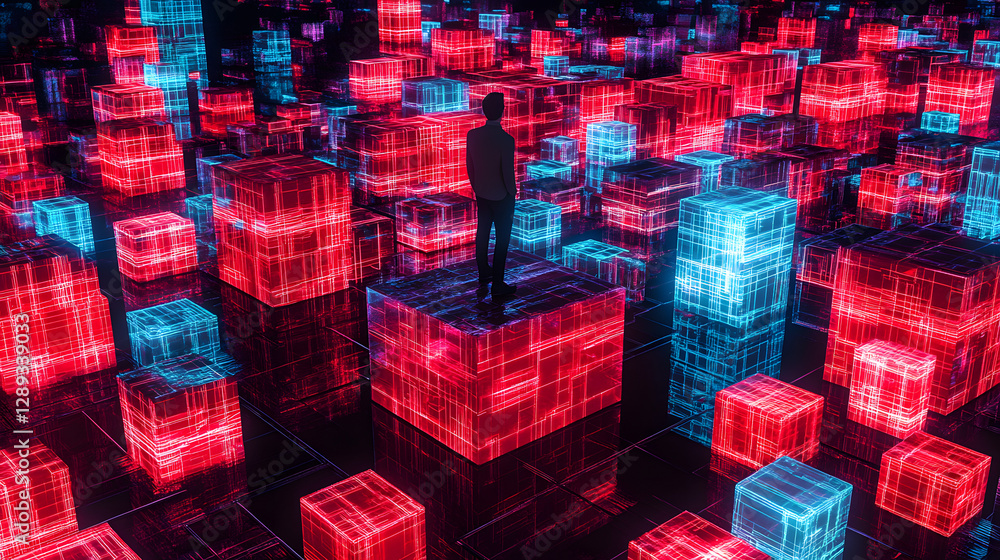 Poster man standing in front of a large group of cubes in an abstract art installation