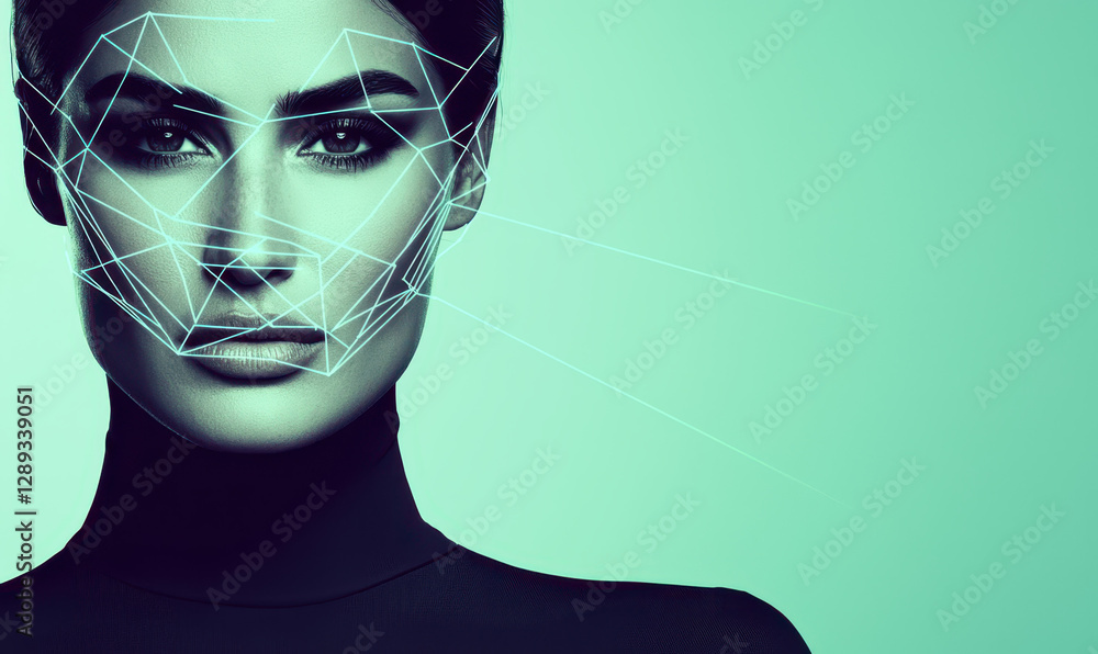 Poster exploring the intersection of technology and beauty: a futuristic portrait representing modern ident