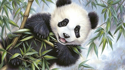 Obraz premium Playful Panda Cub Chewing Bamboo in Misty Forest, Ideal for Children's Book Illustrations