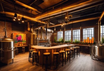 innovative craft brewery setup featuring distinctive bottle designs creative visual elements unique production atmosphere, barrels, brewing, beer