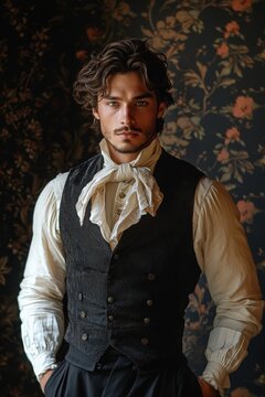 Elegant Young Man in Historical Attire Posing Against Floral Wallpaper Background