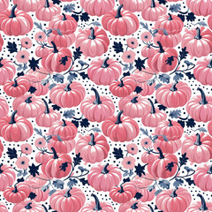 The seamless pattern features a playful and stylish design with pink pumpkins on a white background decorated with neat dots