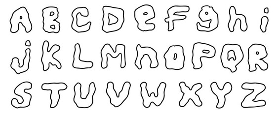 Ghost english latin abc alphabet font with digits and symbols A to Z collection. Vector illustration in doodle style isolated on white background. For logo, kids book, card, typography, menu.