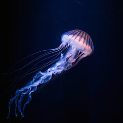glowing bioluminescent jellyfish drifts through the deep blue ocean, illuminating the water with its ethereal presence.