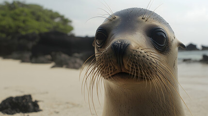Galapagos Sea Lion Pup Portrait, Beach, Volcanic Rocks, Ocean Background, Wildlife Conservation