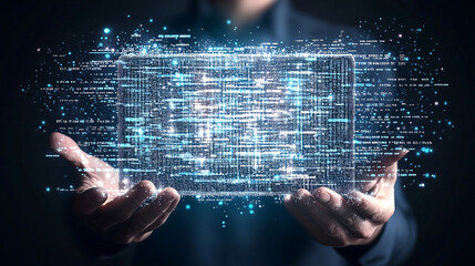 Futuristic Hologram Technology in Hands Digital Interface Sci-Fi Cyber Network Coding Innovation Blue Light Smart Device Visualization