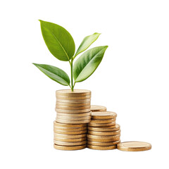 Pile of coins with a growing plant on top symbolizing financial growth isolated on transparent background
