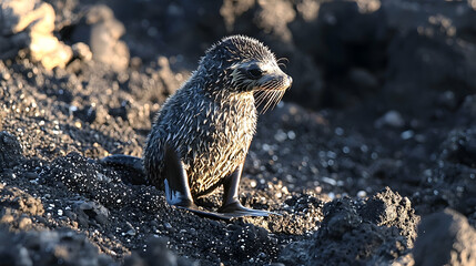 Galapagos Islands Pup Seal Basking Volcanic Beach Sunset Wildlife Conservation