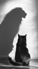Black cat sits in front of a silhouette of a majestic lion