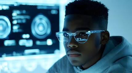 Young man wearing glasses looking at a computer screen in a modern workspace environment