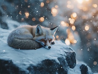 A sleeping fox rests upon a snow covered boulder