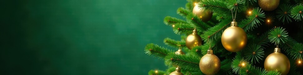 Fototapeta premium Full, vibrant green Christmas tree adorned with rich gold decorations , festive, Christmas tree lights, winter background