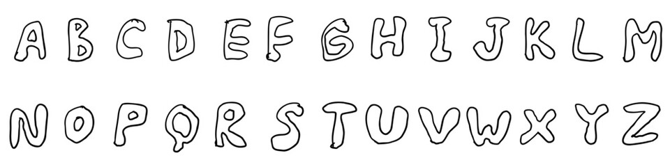 Outline black english latin abc alphabet font with digits and symbols handwritten A to Z set. Vector illustration in doodle style isolated on white background. For logo, kids book, card, typography.