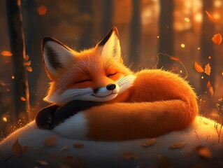 Sleeping fox curled up in the soft sunlight