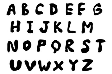 Rough english latin abc alphabet font with digits and symbols handwritten A to Z set. Vector illustration in black doodle style isolated on white back. For logo, kids book, card, typography, menu.