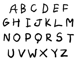 Childlike black english latin abc alphabet font with digits and symbols handwritten A to Z set. Vector illustration in doodle style isolated on white background. For logo, kids book, typography, menu.