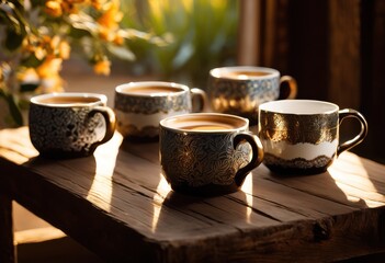 Fototapeta premium chic coffee pairings featuring elegant mugs cozy inviting morning experience, beverage, design, ceramic, latte, espresso, cappuccino, tableware, home, tea