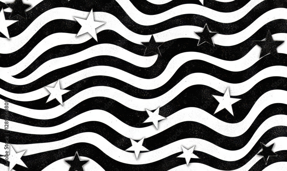 Poster dynamic black and white abstract pattern featuring stars and wavy stripes for unique decorative and 