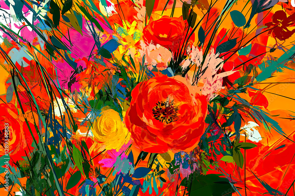 Poster vivid abstraction of colorful florals showcases energy and vibrancy in modern art expression