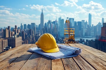 Construction blueprints on a rooftop overlooking New York City