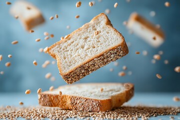 Slices of bread and grains floating in a blue backdrop