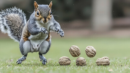 Obraz premium Playful Squirrel Juggling Walnuts in Park, Green Grass Background, Wildlife Nature Photography