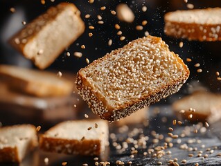 Slices of bread floating through the air with sesame seeds