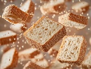 Slices of Bread with Sesame Seeds are shown floating in the air