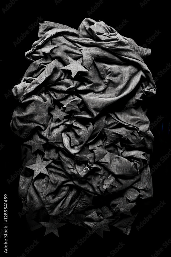 Poster exploring the intricate beauty of monochromatic textures and stars in a dynamic fabric composition