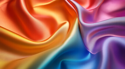 Fototapeta premium A close-up of colorful satin fabric in orange, yellow, green, blue, purple, and red shades, showcasing the smooth and luxurious texture of flowing fabric and vibrant color transitions.