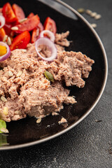 salad tuna fish fresh vegetables and seafood fresh tasty food dish gourmet food background on the table rustic food top view copy space keto and paleo diet and pescetarian diet