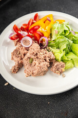 salad tuna fish fresh vegetables and seafood fresh tasty food dish gourmet food background on the table rustic food top view copy space keto and paleo diet and pescetarian diet