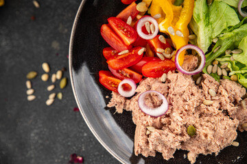 salad tuna fish fresh vegetables and seafood fresh tasty food dish gourmet food background on the table rustic food top view copy space keto and paleo diet and pescetarian diet