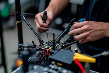 Fototapeta premium A technician is focused on repairing a drone control board in a workshop. Tools are being used carefully as wires are managed, showcasing technical expertise in drone maintenance