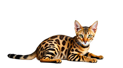 Obraz premium Alert Bengal cat sitting isolated on transparent background. Front view studio shot of a tan and black spotted feline with yellow eyes. Ideal for pet designs, animal illustrations.