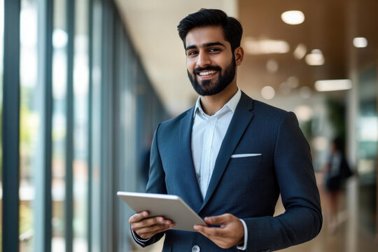 Confident Indian business man leader looking aside walking in office. Busy professional businessman going in hallway holding digital tablet thinking of work plan using tab computer. Authentic photo