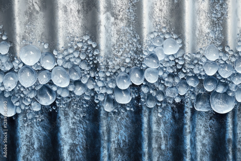 Poster frozen water droplets on a textured metallic surface, creating a stunning abstract image.