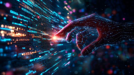 Futuristic Digital Hand Touching Binary Code Cyber Network Blue Red Light Tech Innovation Holographic Interface Visualization